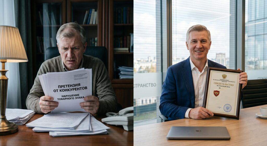 Решение споров по товарным знакам: до и после защиты Коллаж из двух фото: слева встревоженный предприниматель читает претензию о нарушении товарного знака, справа — тот же мужчина улыбается со свидетельством Роспатента в руках.