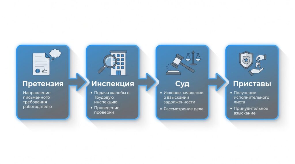 Алгоритм и порядок действий при невыплате заработной платы Схема этапов взыскания заработной платы: претензия, трудовая инспекция, суд, приставы